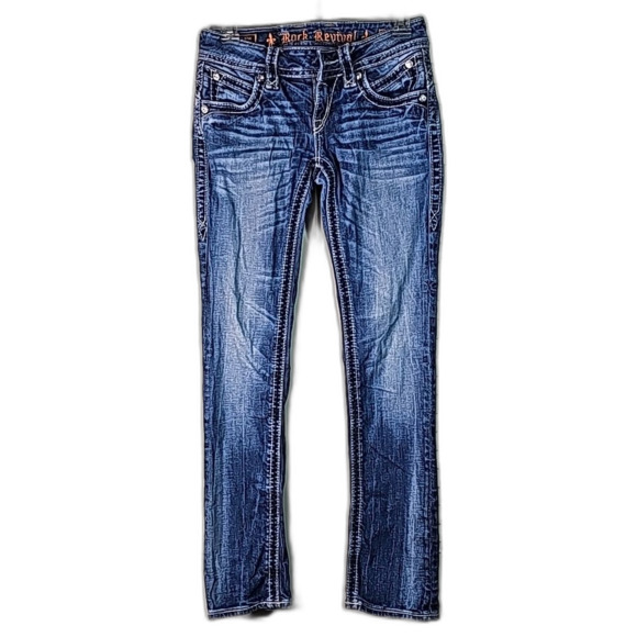 Jeans by Rock Revival Blue Denim Size 25 Rhinestones on Front Pockets and Back - Picture 1 of 10